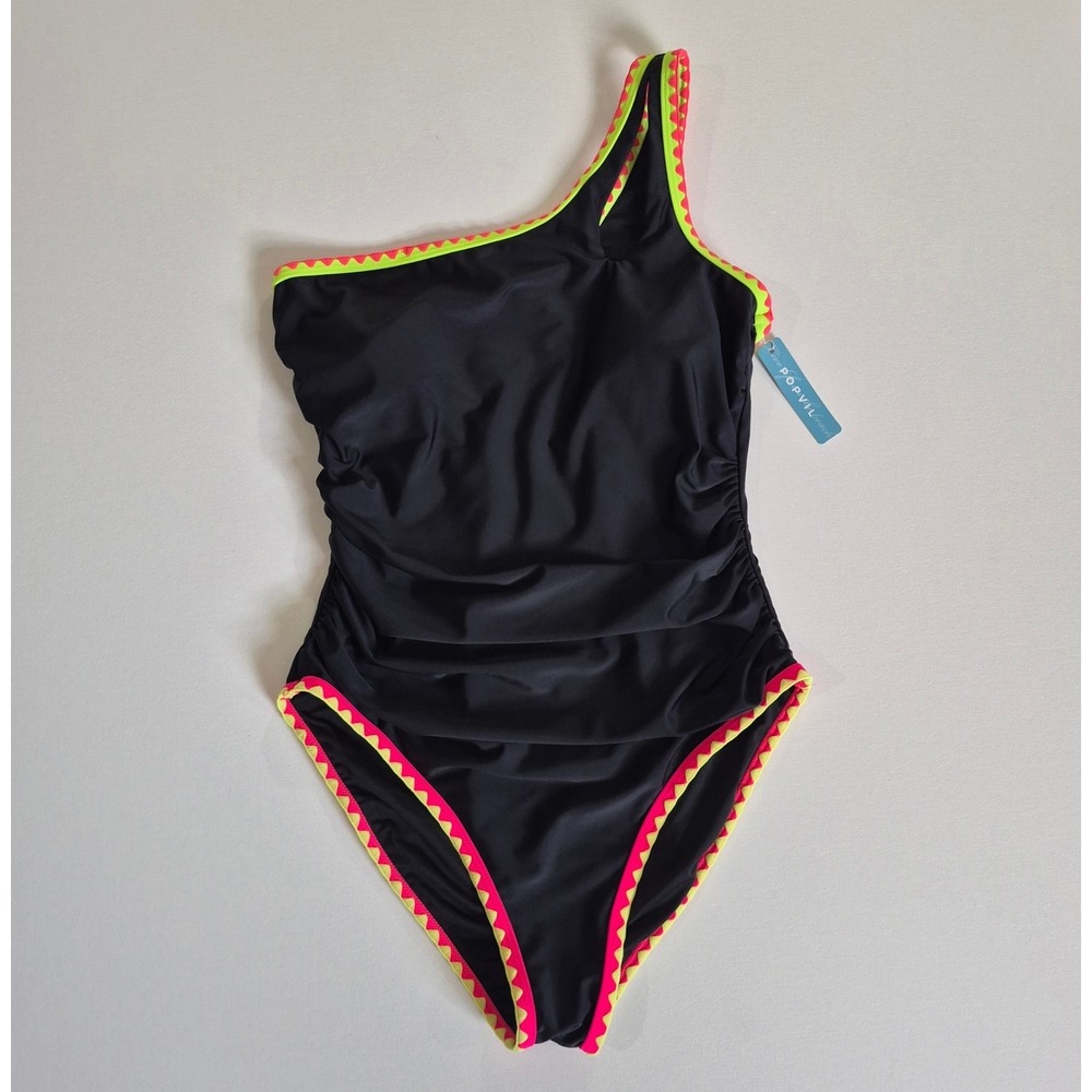 Popvil One Piece Swimsuit Black Neon Ric Rac One Shoulder Ruched New With Tags